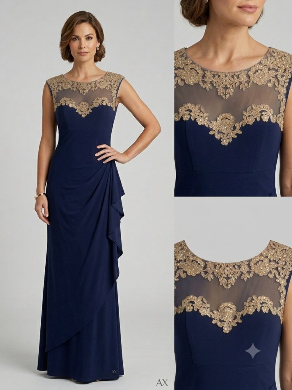 Alex Evenings Navy Blue & Gold Lace Evening Gown – Size 8P